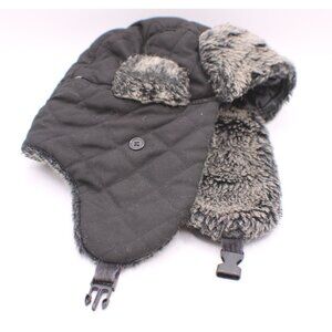 Carbon Elements Black Quilted Faux Fur Trapper Hat Buckle Strap Closure OSFM